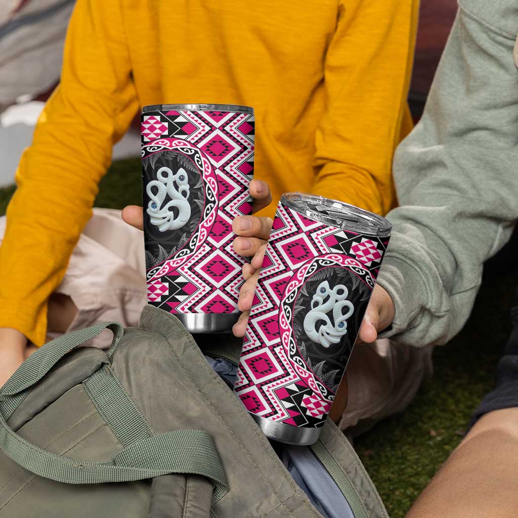 Pink Taniko Motif Aotearoa Manaia and Silver Fern Tumbler Cup