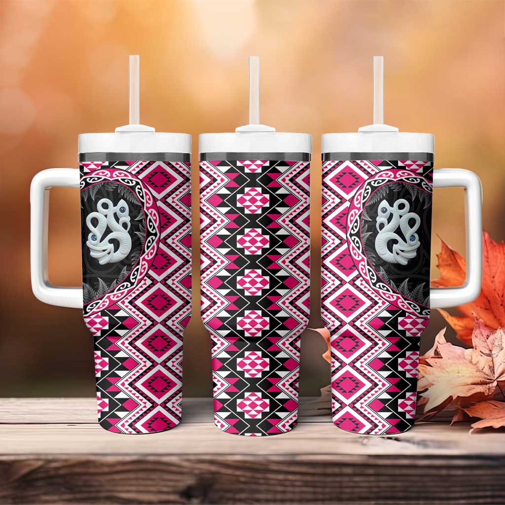 Pink Taniko Motif Aotearoa Manaia and Silver Fern Tumbler With Handle