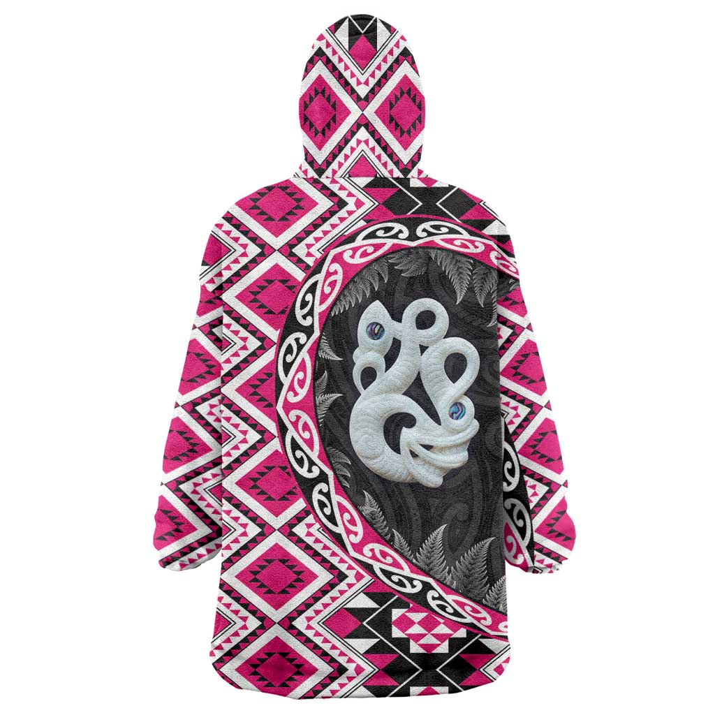 Pink Taniko Motif Aotearoa Manaia and Silver Fern Wearable Blanket Hoodie
