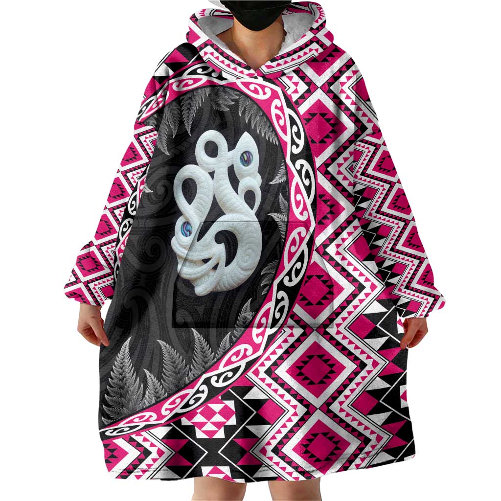 Pink Taniko Motif Aotearoa Manaia and Silver Fern Wearable Blanket Hoodie