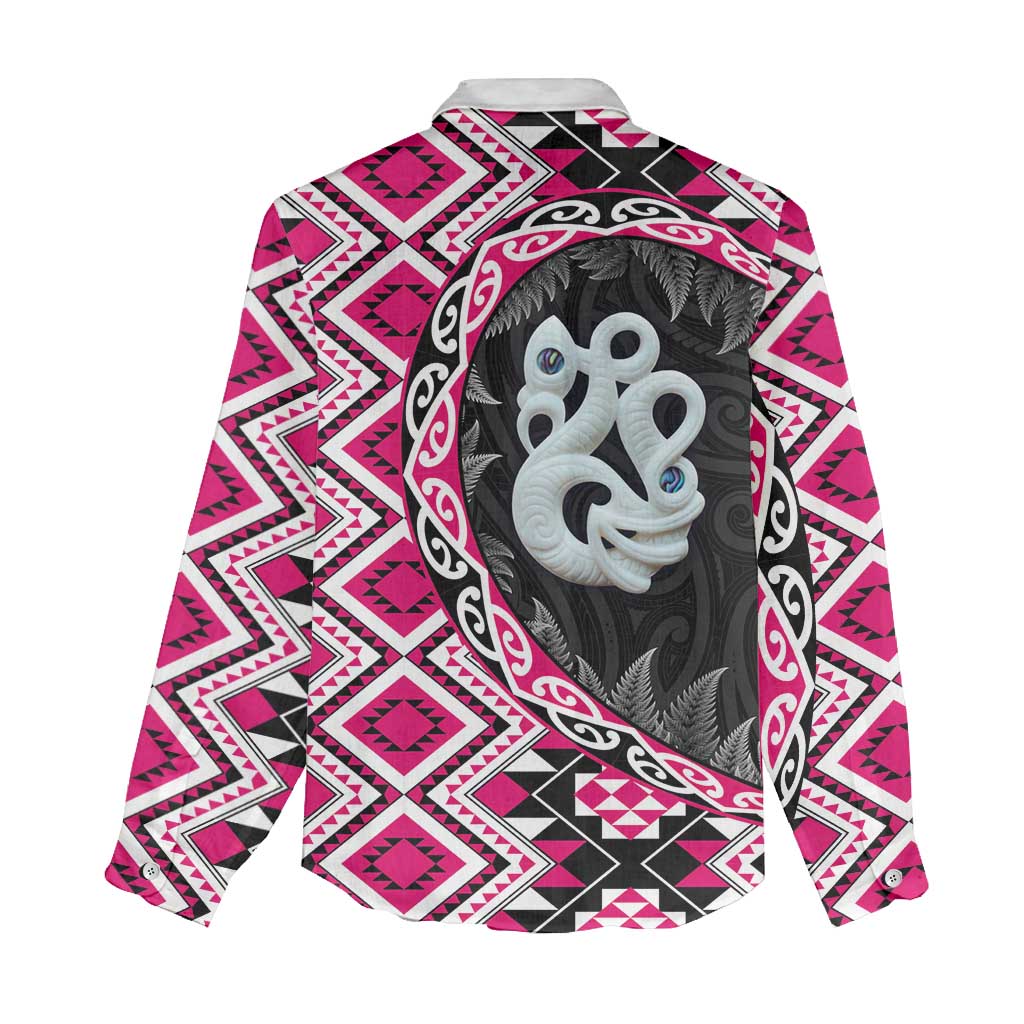 Pink Taniko Motif Aotearoa Manaia and Silver Fern Women Casual Shirt