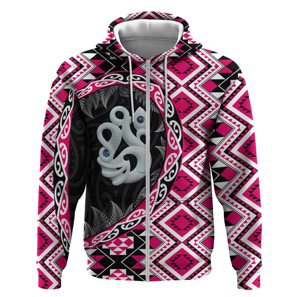 Pink Taniko Motif Aotearoa Manaia and Silver Fern Zip Hoodie