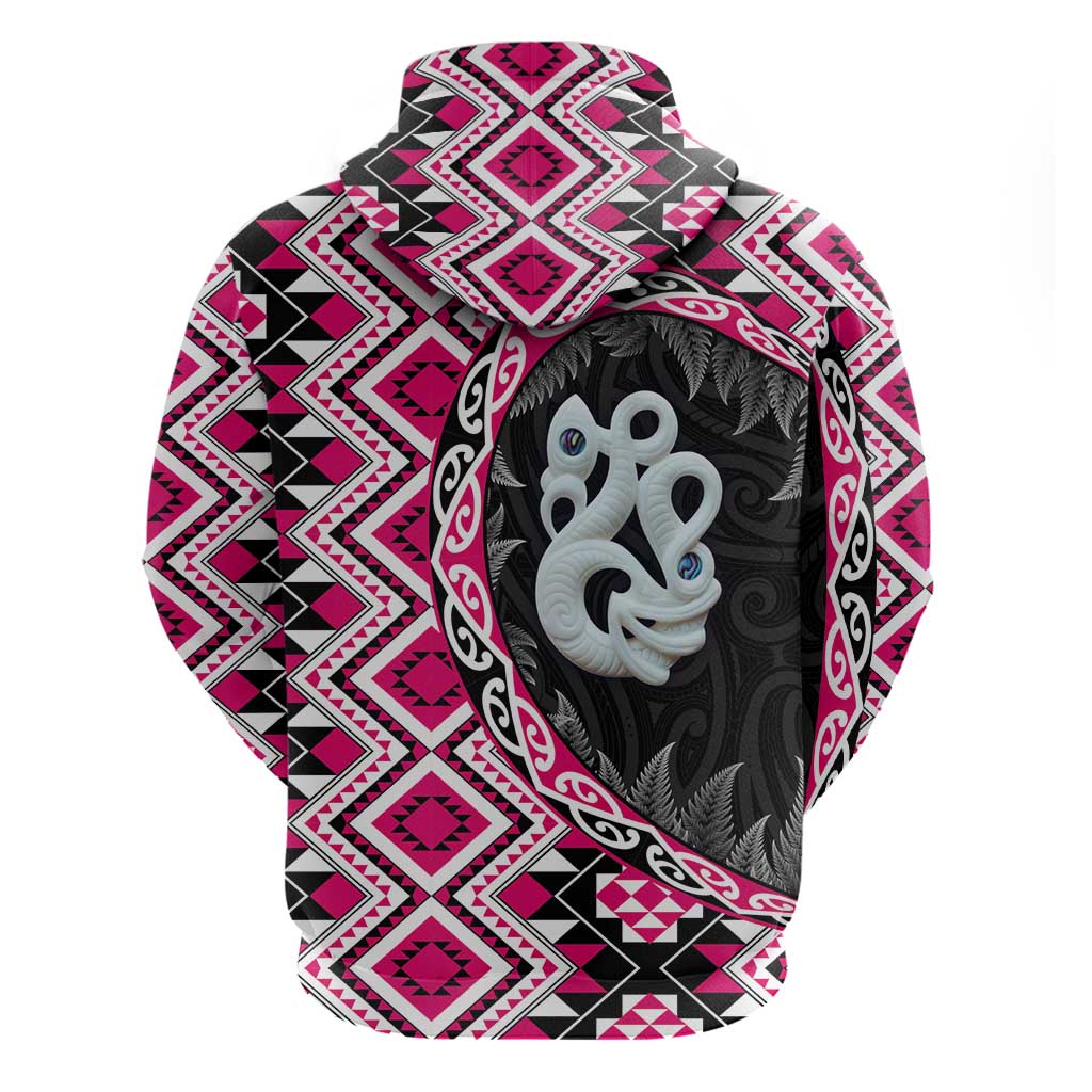 Pink Taniko Motif Aotearoa Manaia and Silver Fern Zip Hoodie