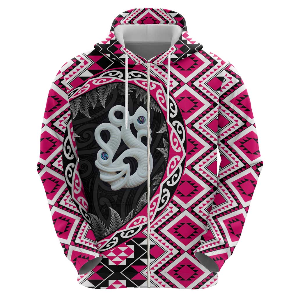 Pink Taniko Motif Aotearoa Manaia and Silver Fern Zip Hoodie