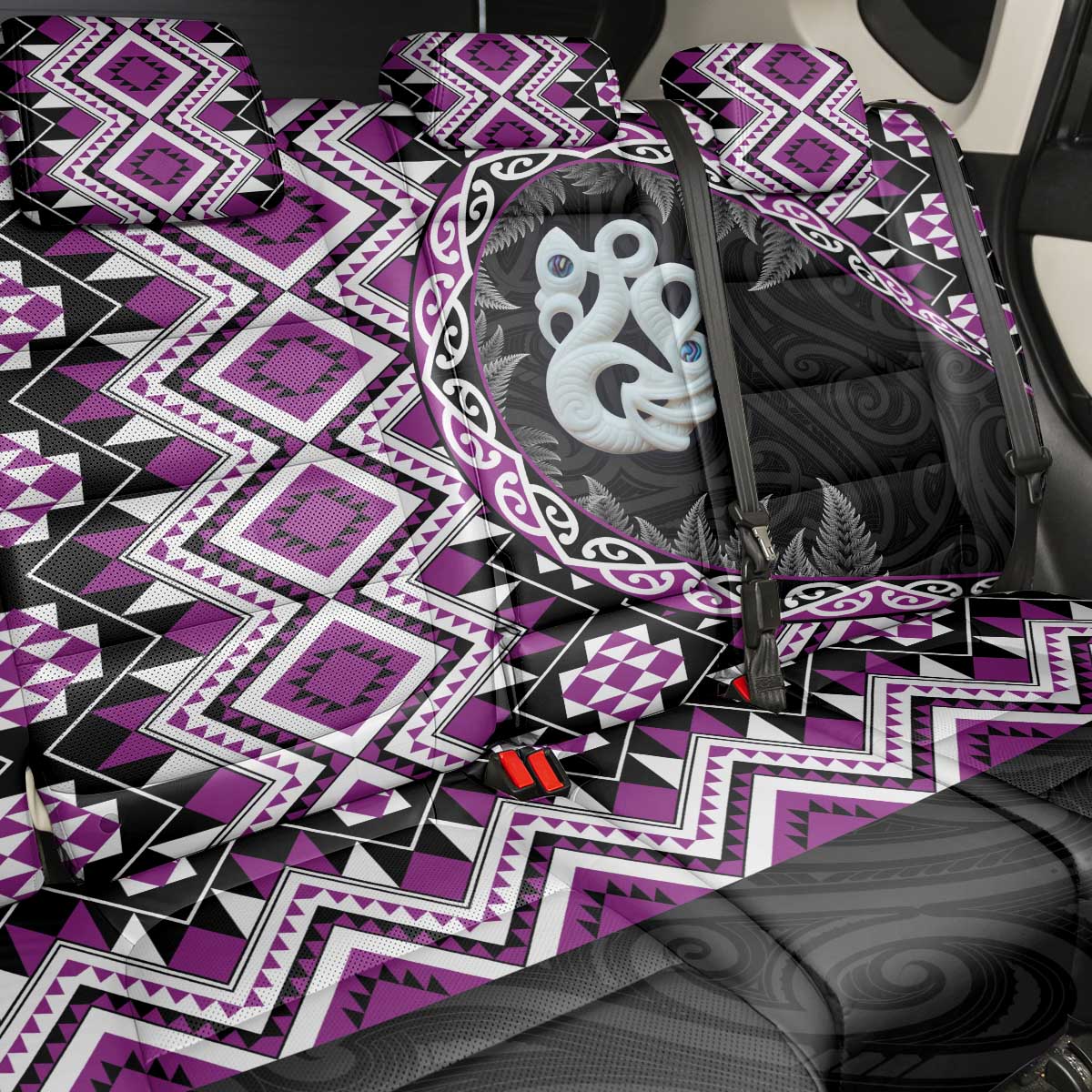 Purple Taniko Motif Aotearoa Manaia and Silver Fern Back Car Seat Cover