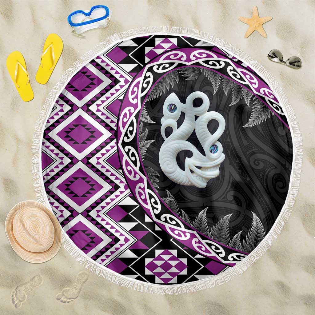 Purple Taniko Motif Aotearoa Manaia and Silver Fern Beach Blanket LT03 One Size 150cm Purple - Polynesian Pride