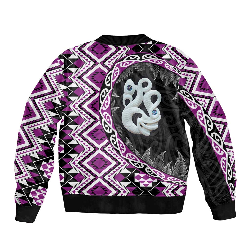 Purple Taniko Motif Aotearoa Manaia and Silver Fern Bomber Jacket