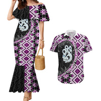 Purple Taniko Motif Aotearoa Manaia and Silver Fern Couples Matching Mermaid Dress and Hawaiian Shirt