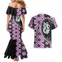 Purple Taniko Motif Aotearoa Manaia and Silver Fern Couples Matching Mermaid Dress and Hawaiian Shirt