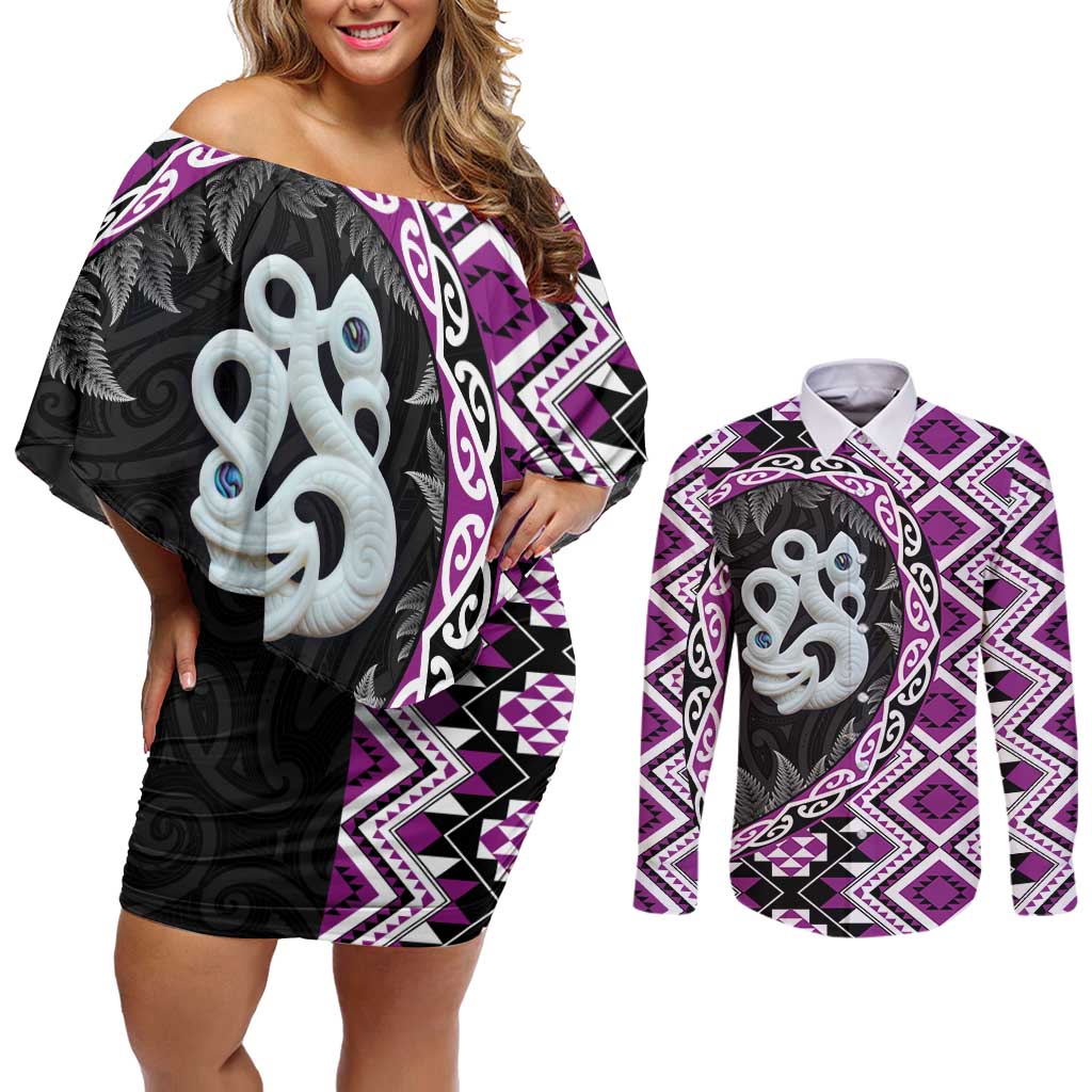 Purple Taniko Motif Aotearoa Manaia and Silver Fern Couples Matching Off Shoulder Short Dress and Long Sleeve Button Shirt