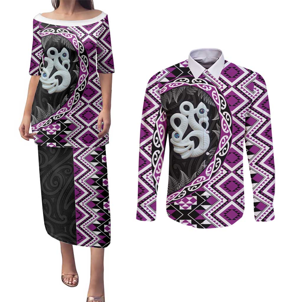 Purple Taniko Motif Aotearoa Manaia and Silver Fern Couples Matching Puletasi and Long Sleeve Button Shirt
