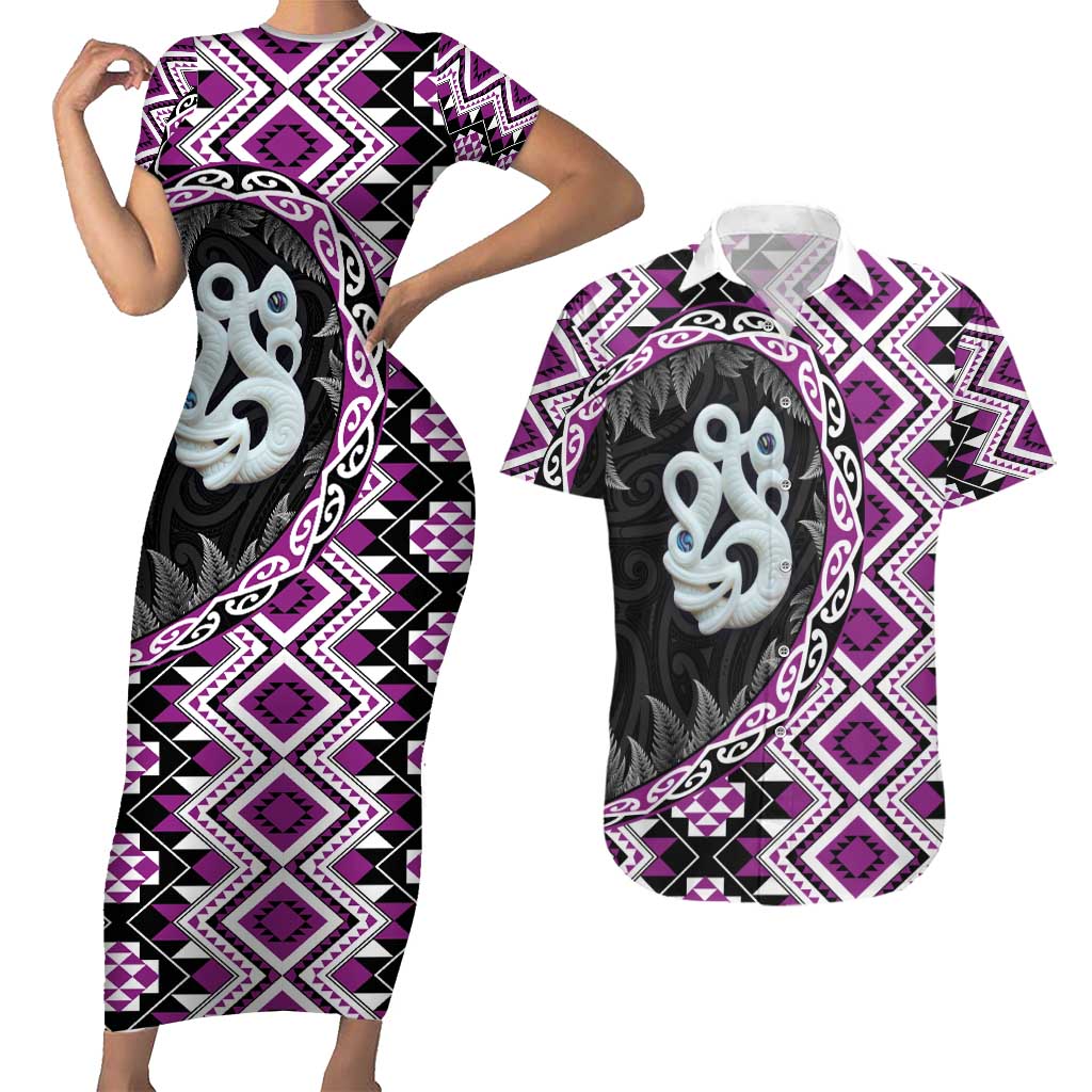 Purple Taniko Motif Aotearoa Manaia and Silver Fern Couples Matching Short Sleeve Bodycon Dress and Hawaiian Shirt