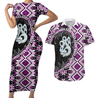 Purple Taniko Motif Aotearoa Manaia and Silver Fern Couples Matching Short Sleeve Bodycon Dress and Hawaiian Shirt