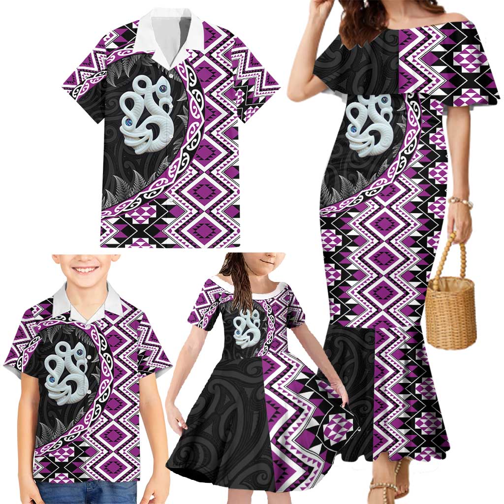 Purple Taniko Motif Aotearoa Manaia and Silver Fern Family Matching Mermaid Dress and Hawaiian Shirt