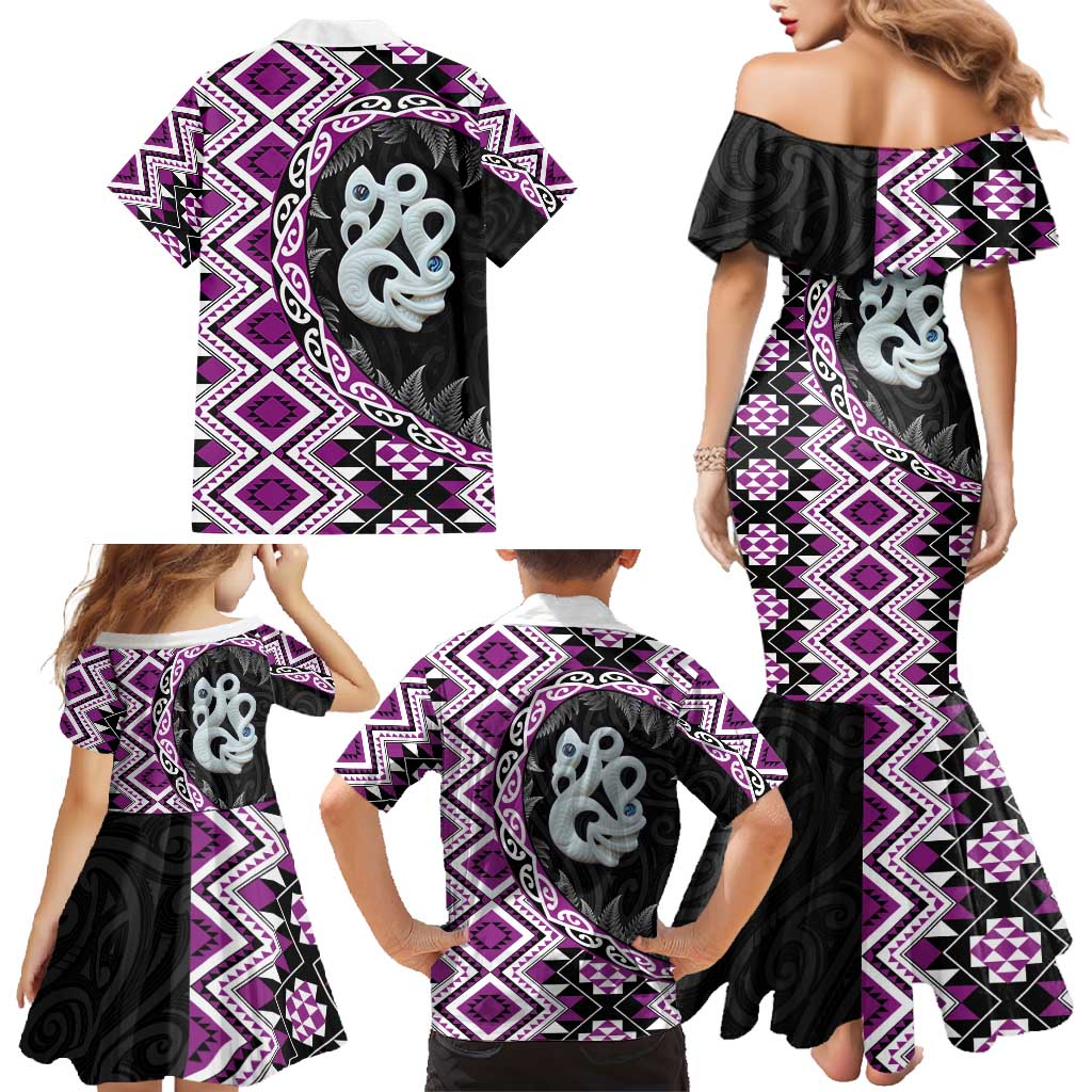Purple Taniko Motif Aotearoa Manaia and Silver Fern Family Matching Mermaid Dress and Hawaiian Shirt