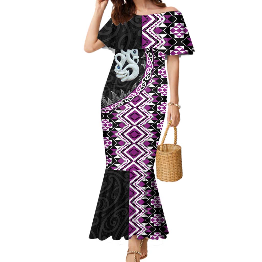 Purple Taniko Motif Aotearoa Manaia and Silver Fern Family Matching Mermaid Dress and Hawaiian Shirt