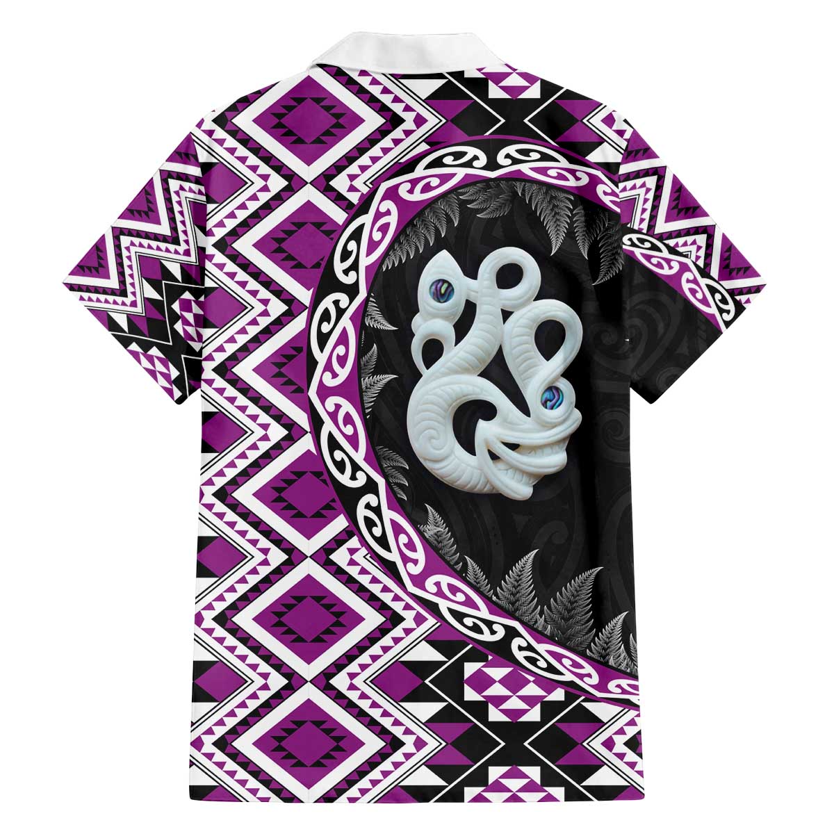 Purple Taniko Motif Aotearoa Manaia and Silver Fern Family Matching Off The Shoulder Long Sleeve Dress and Hawaiian Shirt