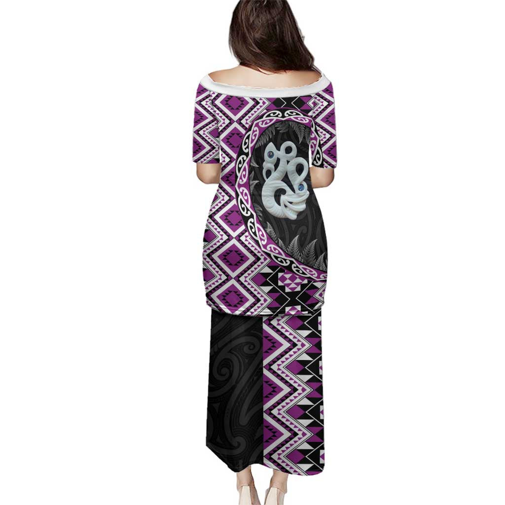 Purple Taniko Motif Aotearoa Manaia and Silver Fern Family Matching Puletasi and Hawaiian Shirt