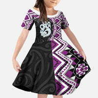 Purple Taniko Motif Aotearoa Manaia and Silver Fern Family Matching Tank Maxi Dress and Hawaiian Shirt