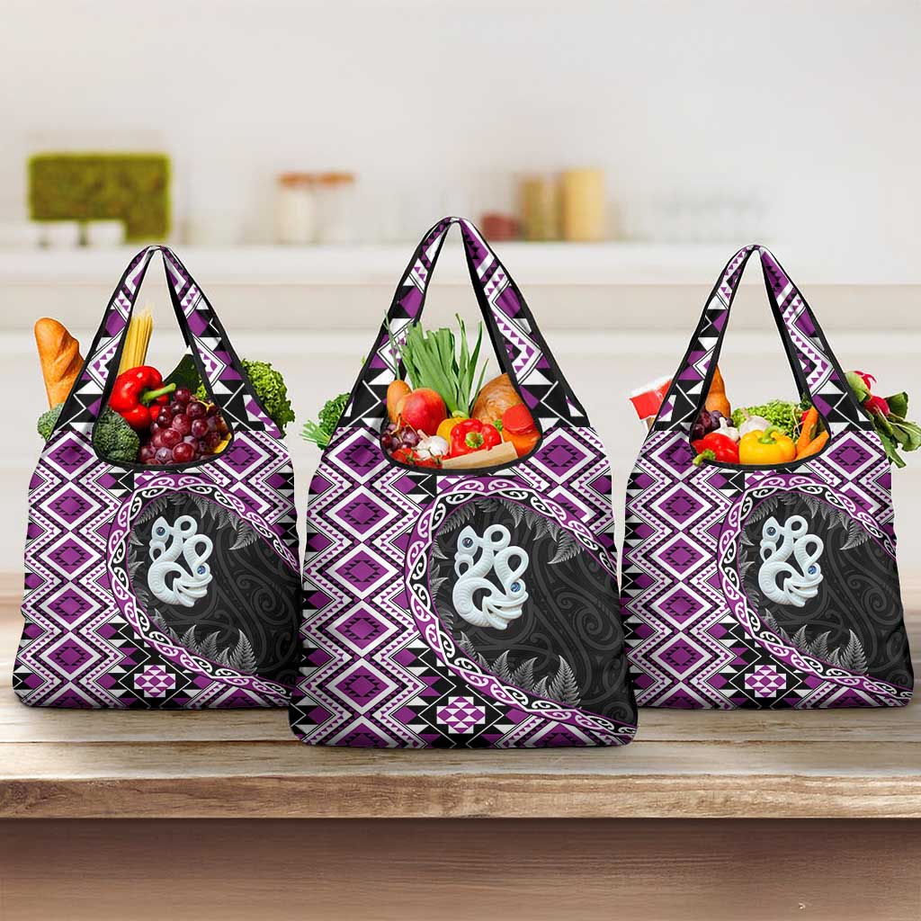 Purple Taniko Motif Aotearoa Manaia and Silver Fern Grocery Bag