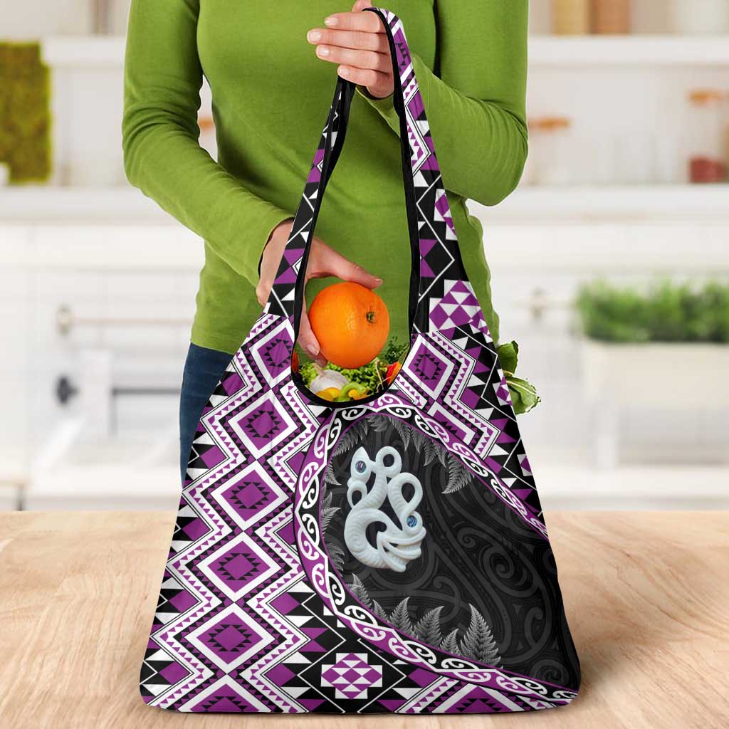 Purple Taniko Motif Aotearoa Manaia and Silver Fern Grocery Bag