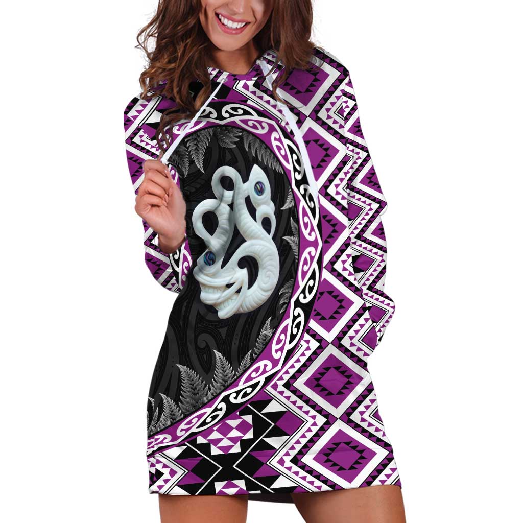 Purple Taniko Motif Aotearoa Manaia and Silver Fern Hoodie Dress