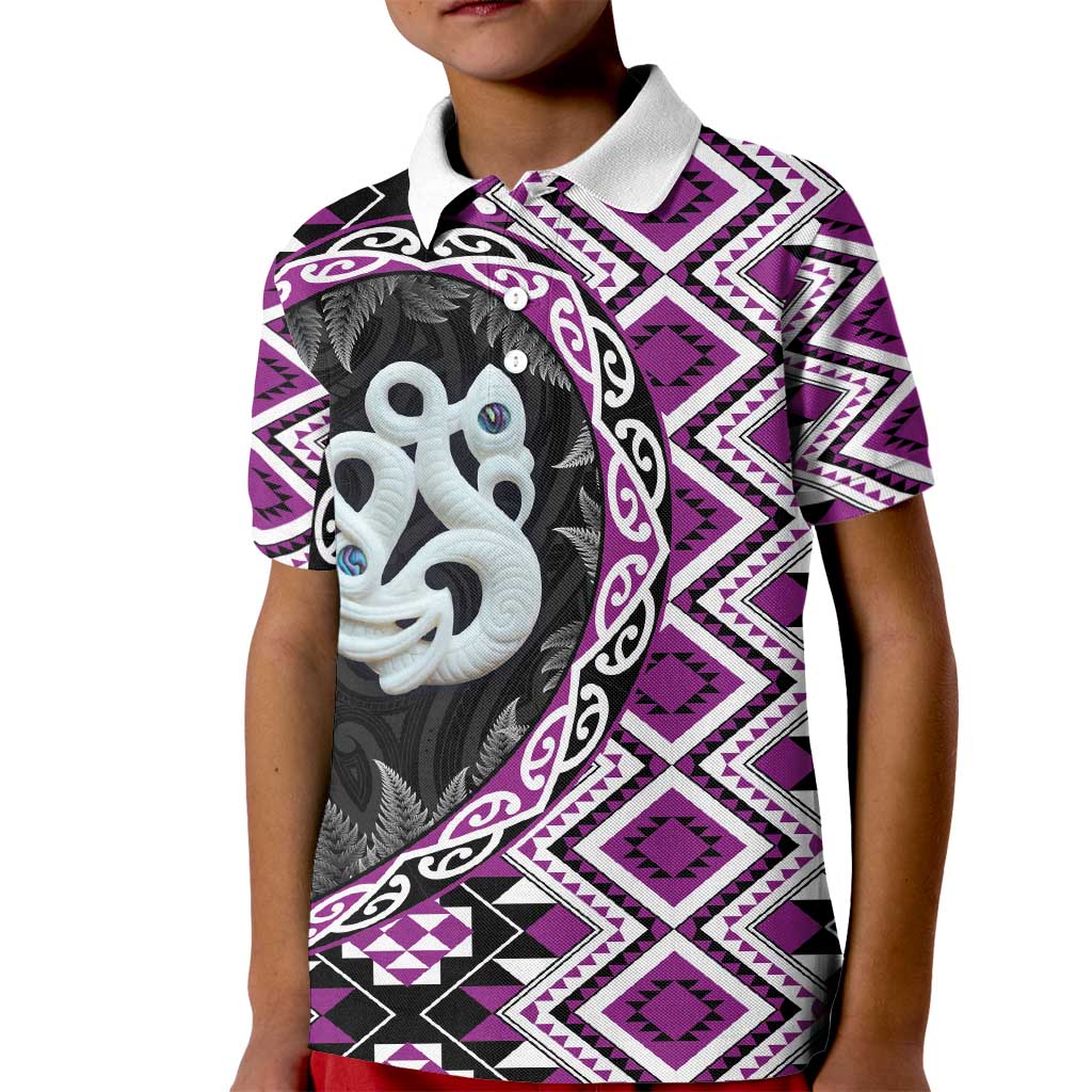 Purple Taniko Motif Aotearoa Manaia and Silver Fern Kid Polo Shirt LT03 Kid Purple - Polynesian Pride