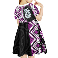 Purple Taniko Motif Aotearoa Manaia and Silver Fern Kid Short Sleeve Dress