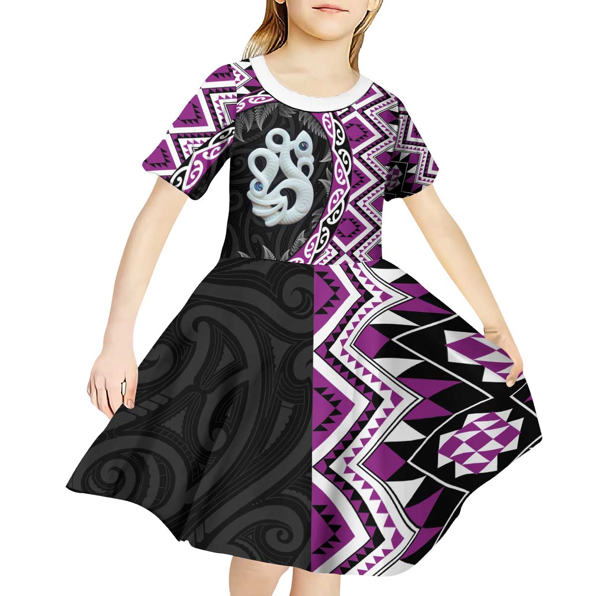 Purple Taniko Motif Aotearoa Manaia and Silver Fern Kid Short Sleeve Dress