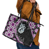 Purple Taniko Motif Aotearoa Manaia and Silver Fern Leather Tote Bag