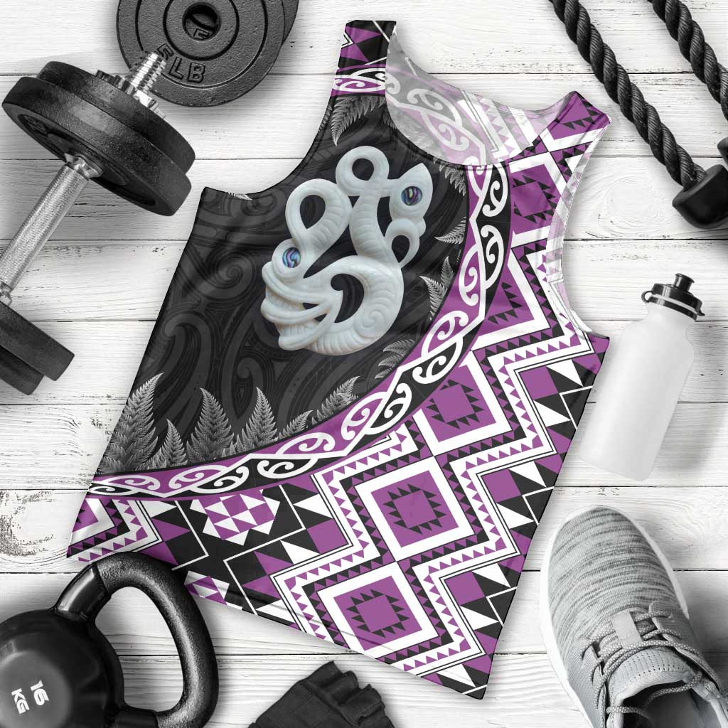 Purple Taniko Motif Aotearoa Manaia and Silver Fern Men Tank Top