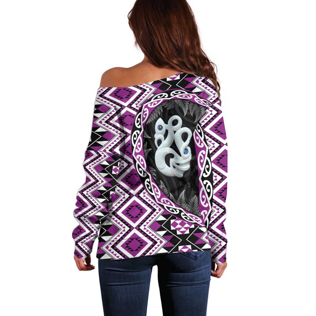 Purple Taniko Motif Aotearoa Manaia and Silver Fern Off Shoulder Sweater