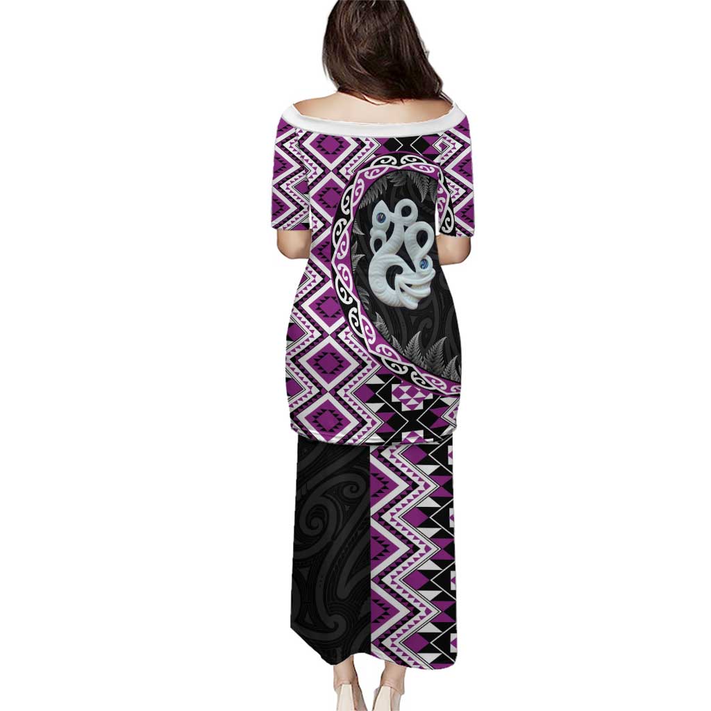 Purple Taniko Motif Aotearoa Manaia and Silver Fern Puletasi