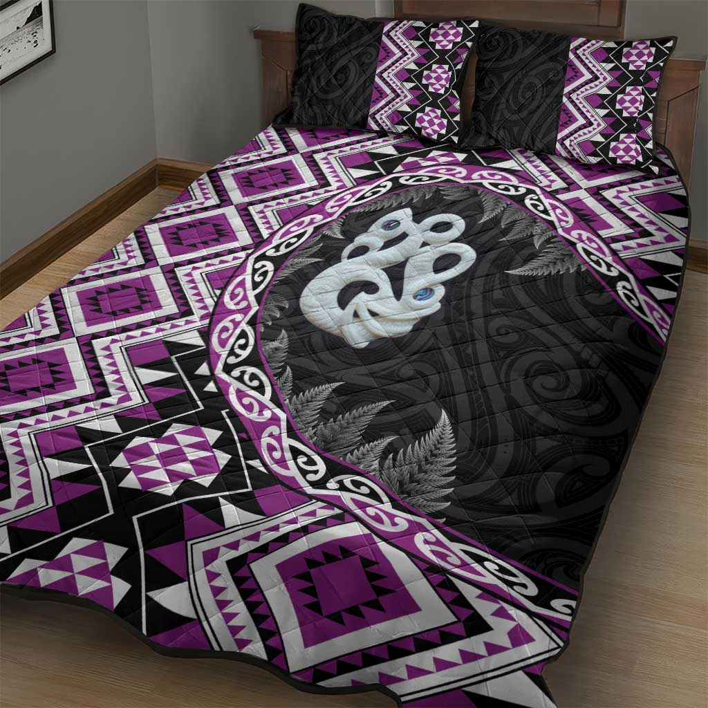Purple Taniko Motif Aotearoa Manaia and Silver Fern Quilt Bed Set