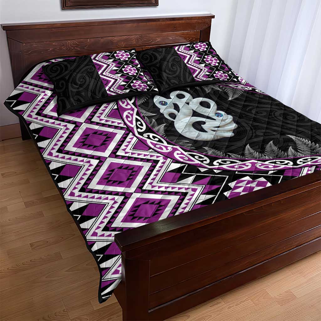 Purple Taniko Motif Aotearoa Manaia and Silver Fern Quilt Bed Set