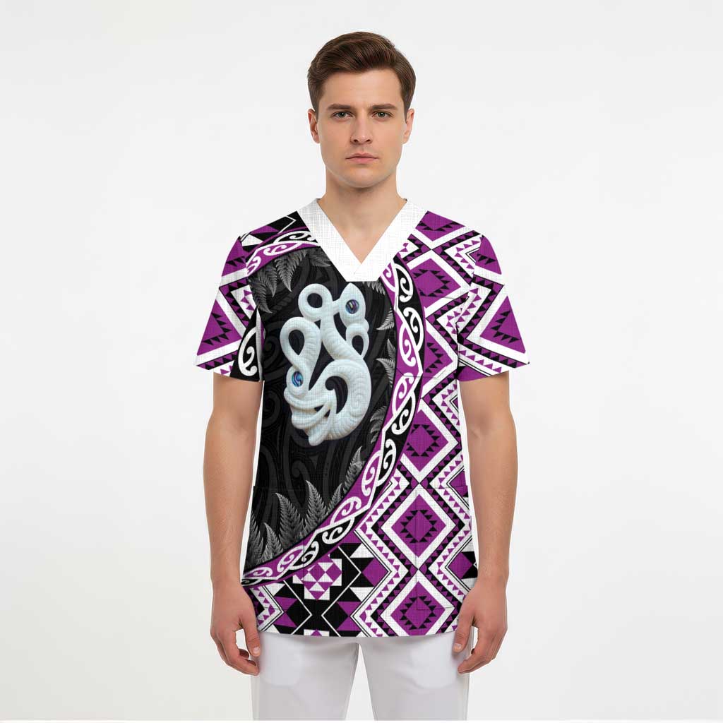 Purple Taniko Motif Aotearoa Manaia and Silver Fern Scrub Top - Polynesian Pride