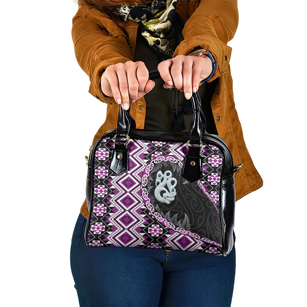 Purple Taniko Motif Aotearoa Manaia and Silver Fern Shoulder Handbag