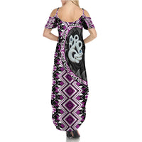 Purple Taniko Motif Aotearoa Manaia and Silver Fern Summer Maxi Dress