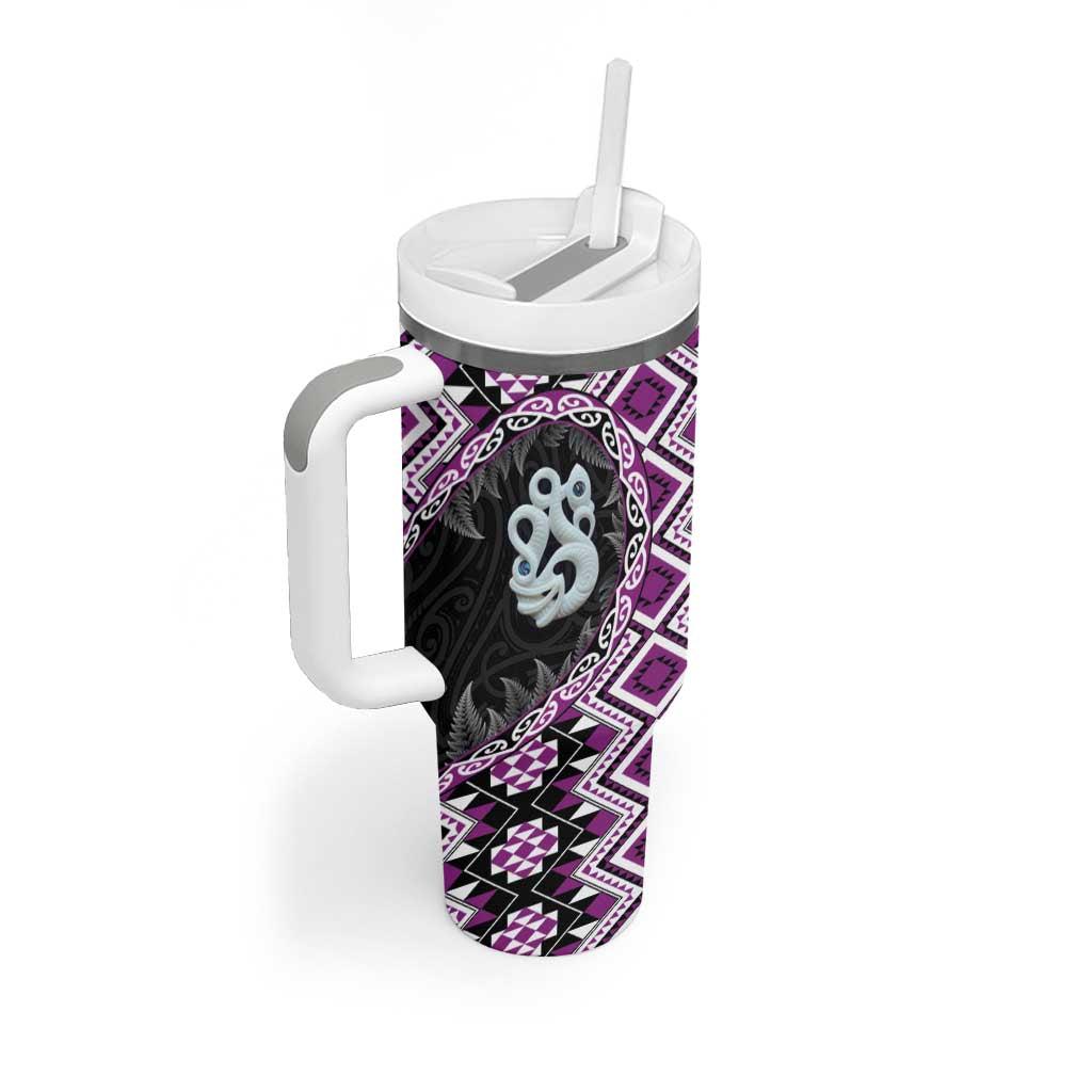 Purple Taniko Motif Aotearoa Manaia and Silver Fern Tumbler With Handle