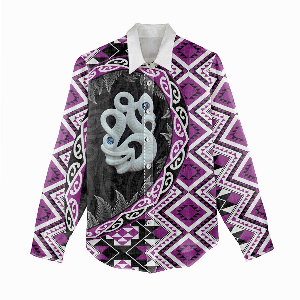 Purple Taniko Motif Aotearoa Manaia and Silver Fern Women Casual Shirt