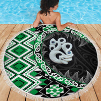 Green Taniko Motif Aotearoa Manaia and Silver Fern Beach Blanket LT03 - Polynesian Pride