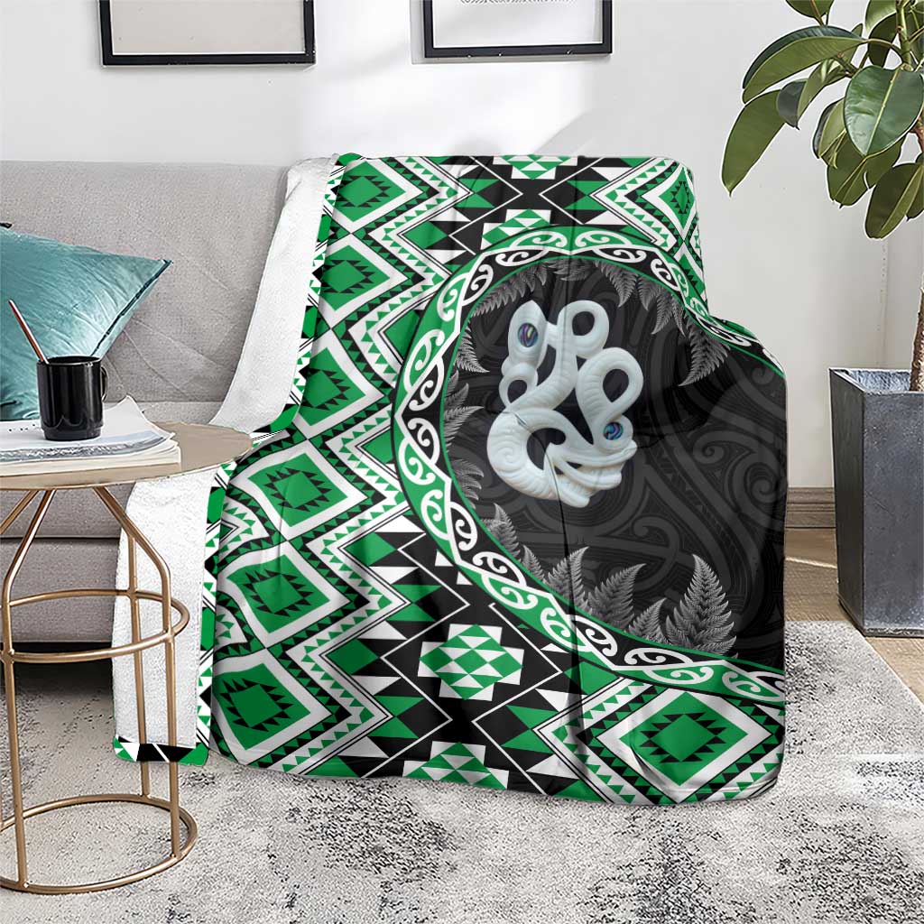 Green Taniko Motif Aotearoa Manaia and Silver Fern Blanket