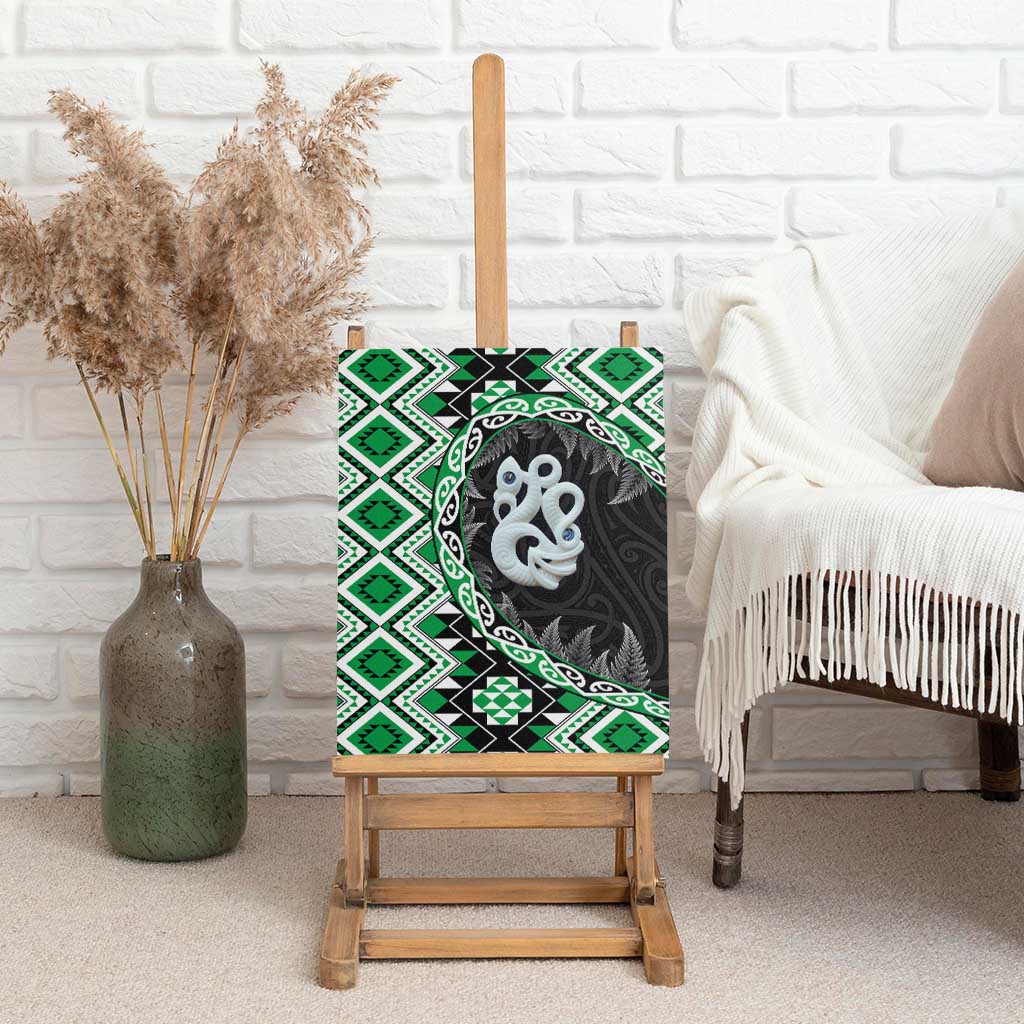 Green Taniko Motif Aotearoa Manaia and Silver Fern Canvas Wall Art