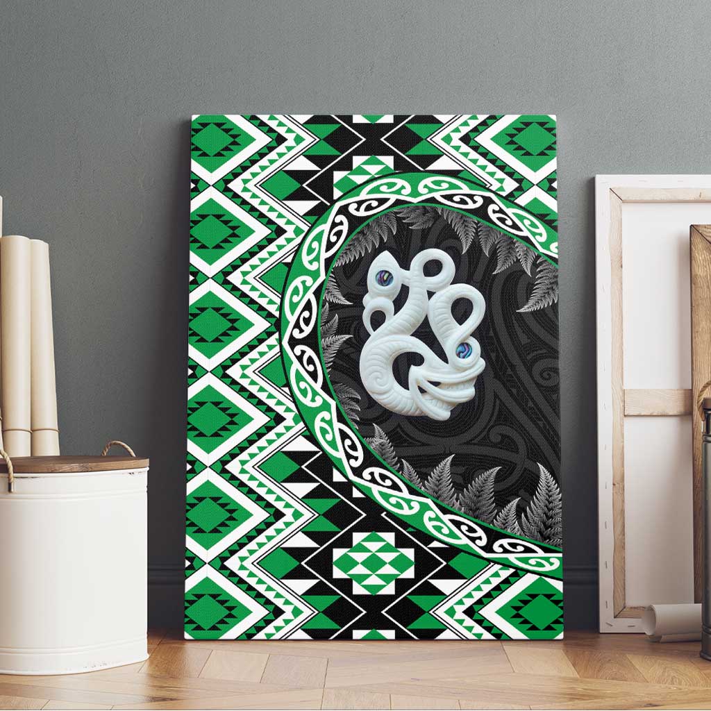 Green Taniko Motif Aotearoa Manaia and Silver Fern Canvas Wall Art