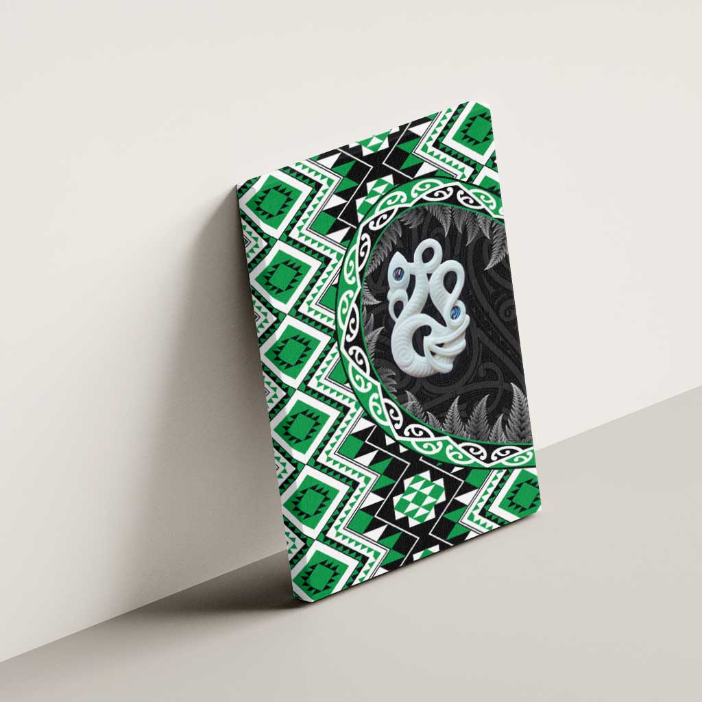 Green Taniko Motif Aotearoa Manaia and Silver Fern Canvas Wall Art
