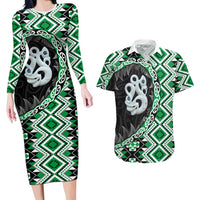 Green Taniko Motif Aotearoa Manaia and Silver Fern Couples Matching Long Sleeve Bodycon Dress and Hawaiian Shirt