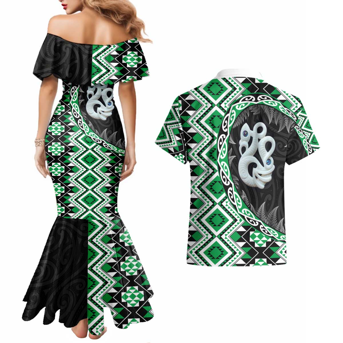 Green Taniko Motif Aotearoa Manaia and Silver Fern Couples Matching Mermaid Dress and Hawaiian Shirt