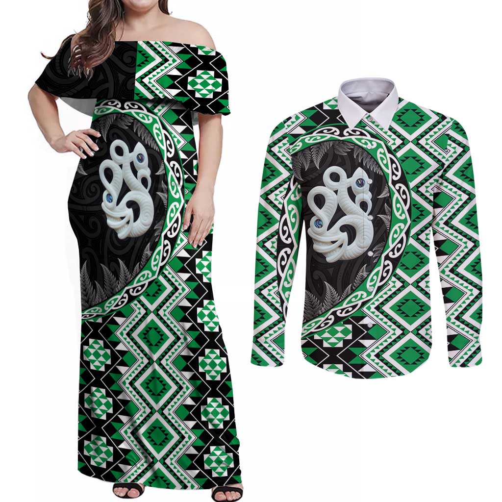 Green Taniko Motif Aotearoa Manaia and Silver Fern Couples Matching Off Shoulder Maxi Dress and Long Sleeve Button Shirt