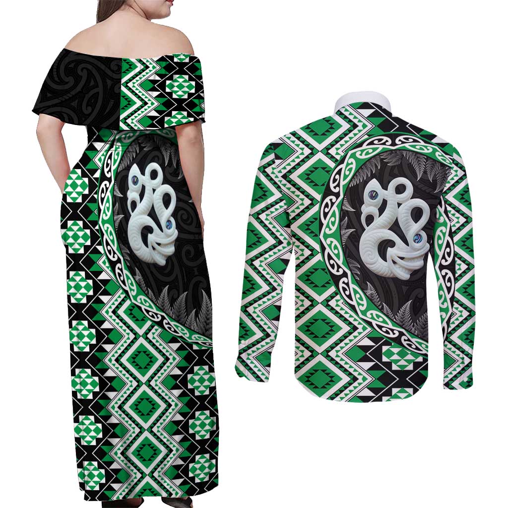 Green Taniko Motif Aotearoa Manaia and Silver Fern Couples Matching Off Shoulder Maxi Dress and Long Sleeve Button Shirt