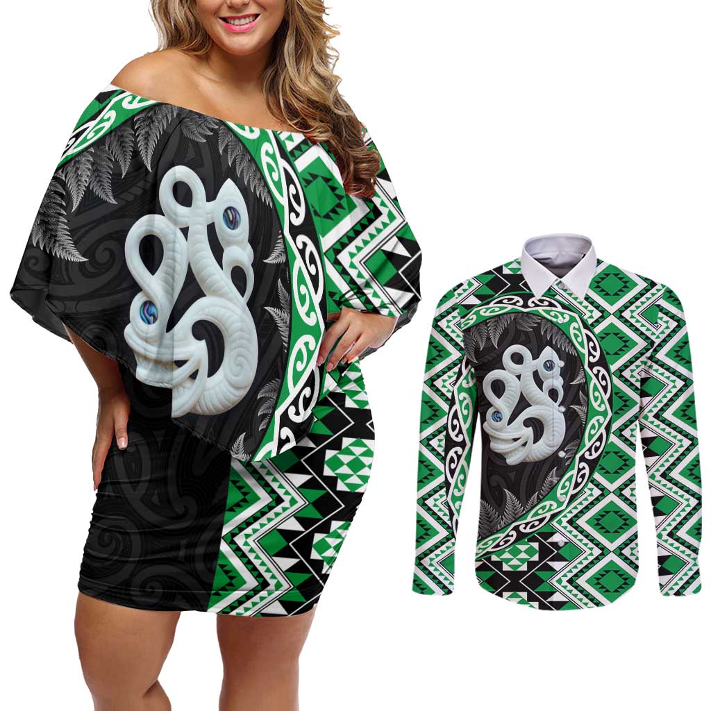 Green Taniko Motif Aotearoa Manaia and Silver Fern Couples Matching Off Shoulder Short Dress and Long Sleeve Button Shirt
